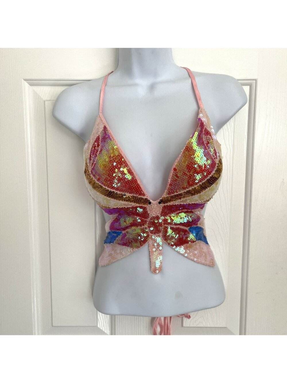Sequin Butterfly Halter Top Y2K Festival Rave Crop Top Pink Iridescent Fairy S
